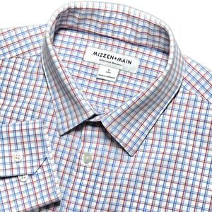 Mizzen + Main Mens L Trim Fit Blue Red Long Sleeve Stretch Performance Shirt